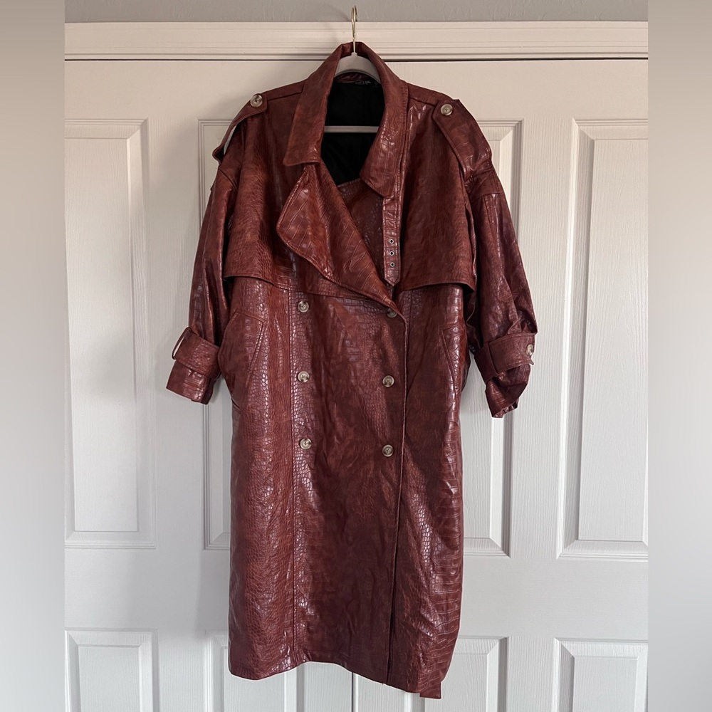 Nasty Gal Brown Oversized Faux Leather Croc Embossed Trench Coat XXL - Picture 2 of 12
